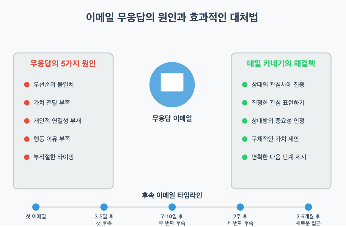 무응답의 5가지 주요 원인과 데일 카네기식 해결책을 대비하여 보여주는 다이어그램. 하단에는 효과적인 후속 메시지 타임라인이 표시되어 있음.