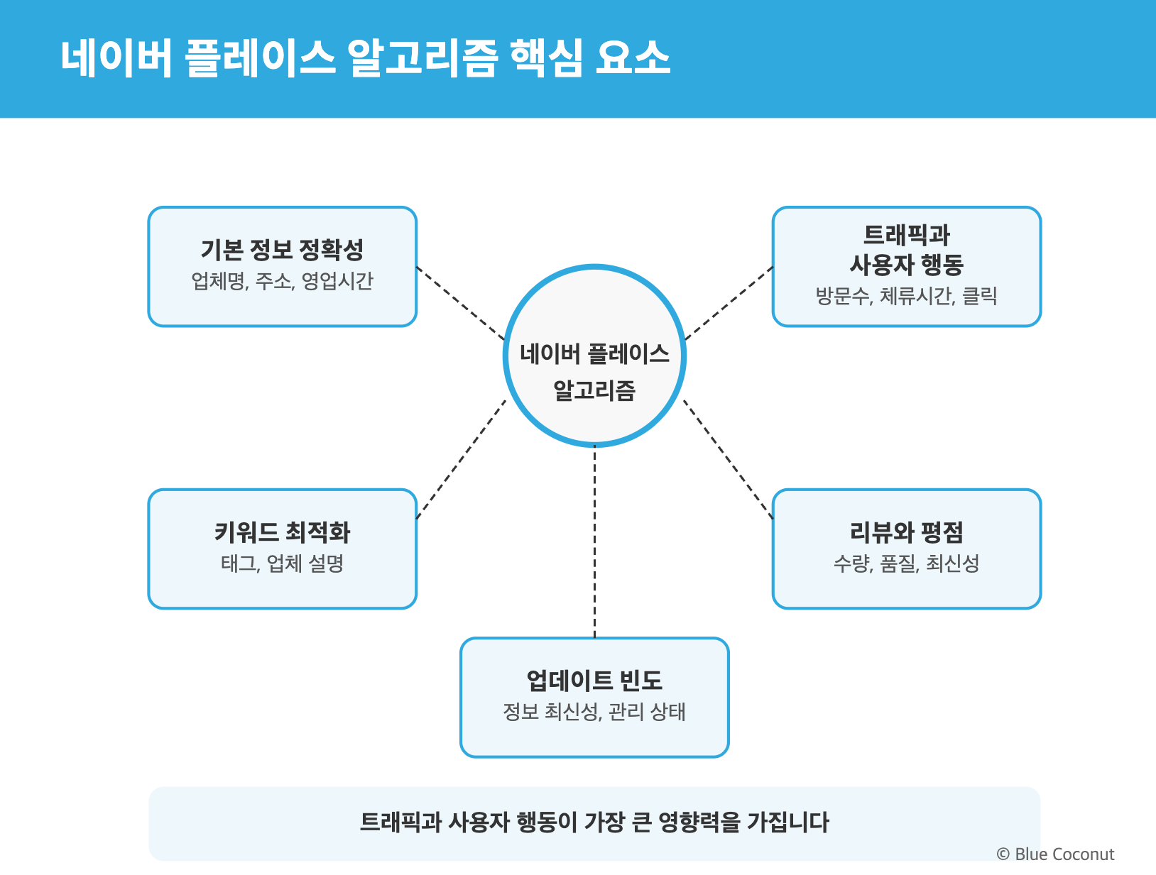 네이버 플레이스 순위 결정에 영향을 미치는 5가지 핵심 요소를 시각화한 다이어그램입니다. 기본 정보의 정확성, 키워드 최적화, 트래픽과 사용자 행동, 리뷰와 평점, 업데이트 빈도를 중심으로 구성되어 있으며, 특히 트래픽과 사용자 행동이 가장 큰 영향력을 가진다는 점을 강조합니다.