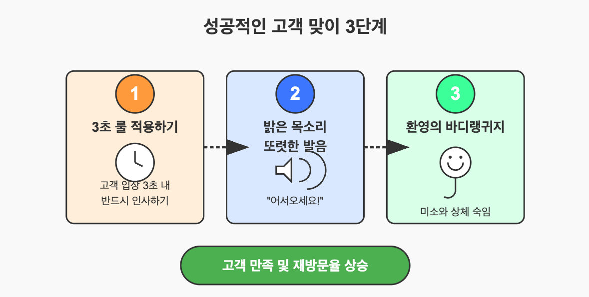 성공적인 고객 맞이 3단계 프로세스 다이어그램 - 1단계: 3초 룰 적용하기, 2단계: 밝은 목소리와 또렷한 발음, 3단계: 환영의 바디랭귀지를 통해 고객 만족 및 재방문율 상승으로 이어지는 과정