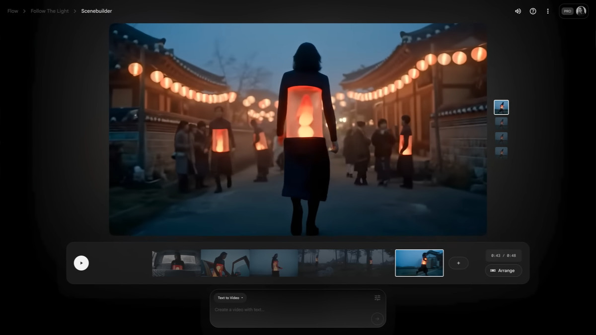 Google AI Ultra의 Flow 도구를 사용한 한국 전통 건축물 배경의 영화적 영상 제작 화면