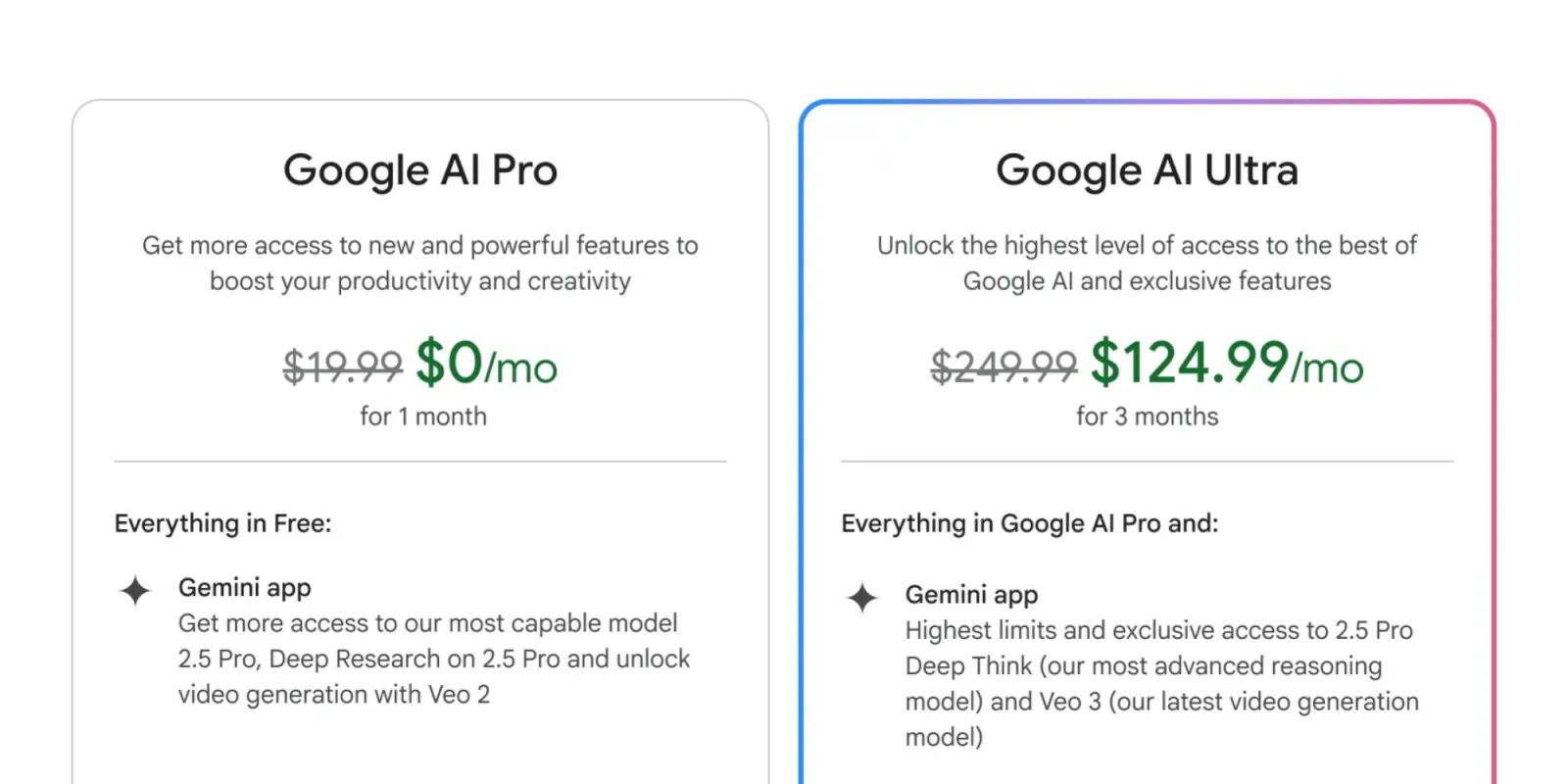 Google AI Pro와 Google AI Ultra 구독 플랜의 가격 및 기능 비교 화면