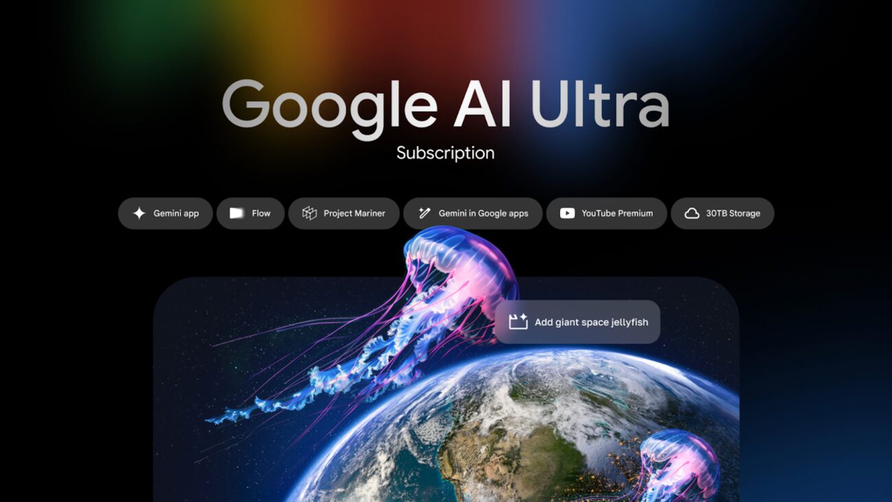Google AI Ultra 구독에 포함된 주요 서비스들(Gemini app, Flow, Project Mariner, Google 앱 통합, YouTube Premium, 30TB 저장공간)과 우주 해파리 이미지 생성 예시