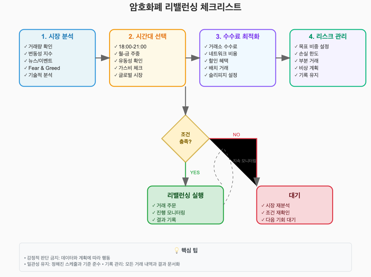 암호화폐 리밸런싱 4단계 체크리스트 플로우차트. 시장분석, 시간대선택, 수수료최적화, 리스크관리 순서로 진행하며 조건 충족 시 실행, 미충족 시 대기하는 의사결정 과정을 포함